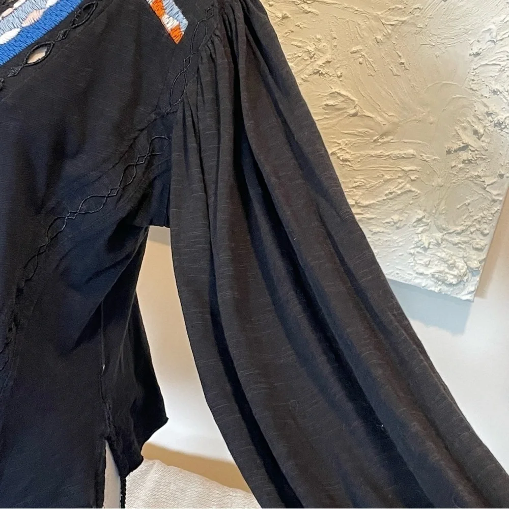 Free People Hand Me Down Embroidered Linen Blouse Cropped Top Black Sz S